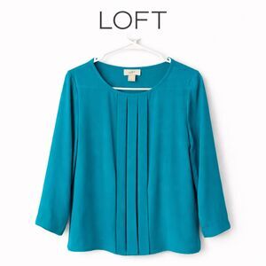 LOFT Teal‎ Pleated Front Blouse Size Small Spring Summer Long Sleeve Career Top